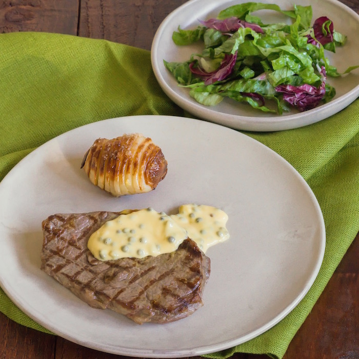 Steak with Green Peppercorn Hollandaise