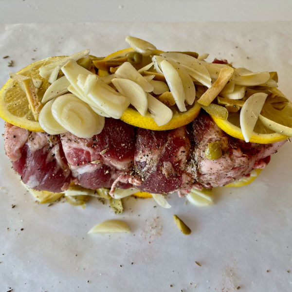 Greek Online Cooking Class Inspired by Janni Kyritsis - rolled shoulder of lamb with lemon, garlic and olives