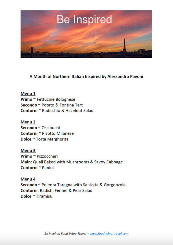 A Fortnight of Northern Italian inspired by Alessandro Pavoni (Menus 1 & 2)