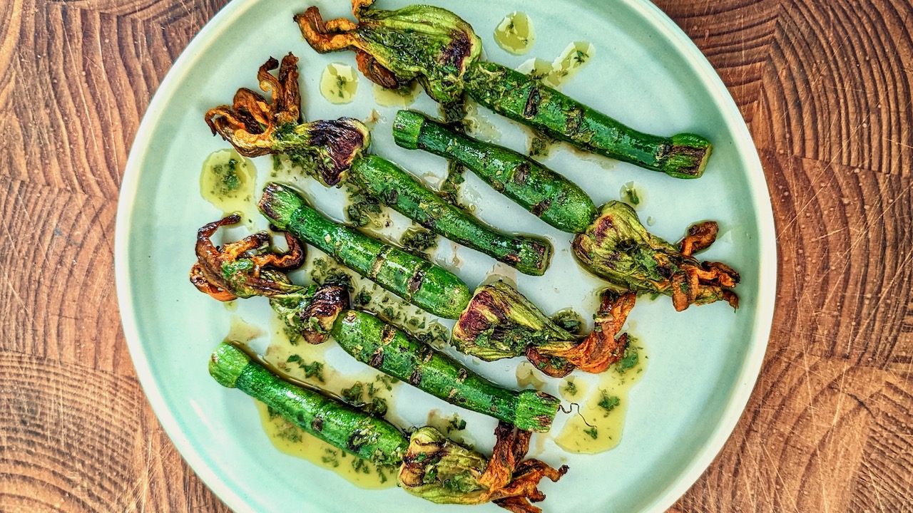 Grilled Zucchini Flowers w Herb Dressing Inspired by Giovanni Pilu using Parisi Zucchini Flowers