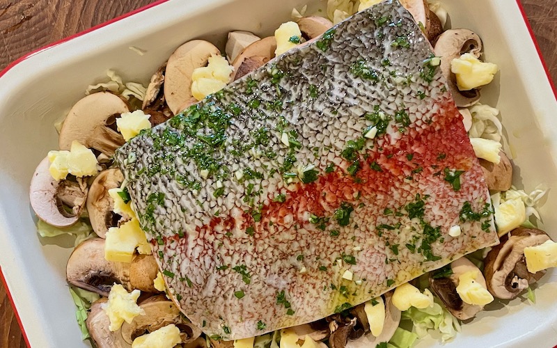Baked Ocean Trout with Mushrooms