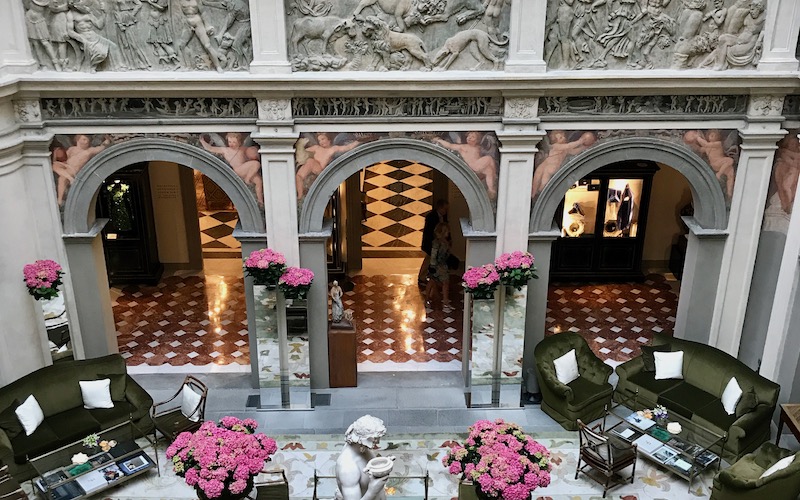 Four Seasons Hotel Interior with marble and pink flowers - Florence Food Tour