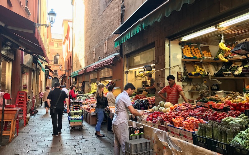 Produce stalls in Quadrilatero Market Bologna - Walking Tour of Italian Food Markets - Bologna Food Tour