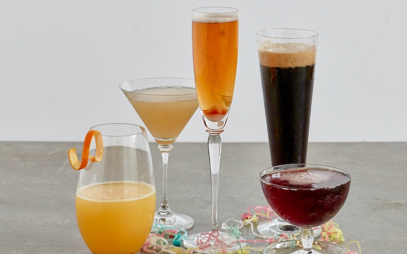 Champagne Cocktails - Group Shot: Classic Champagne Cocktail, Kir Royale, Mimosa, Black Velvet, Hemingway