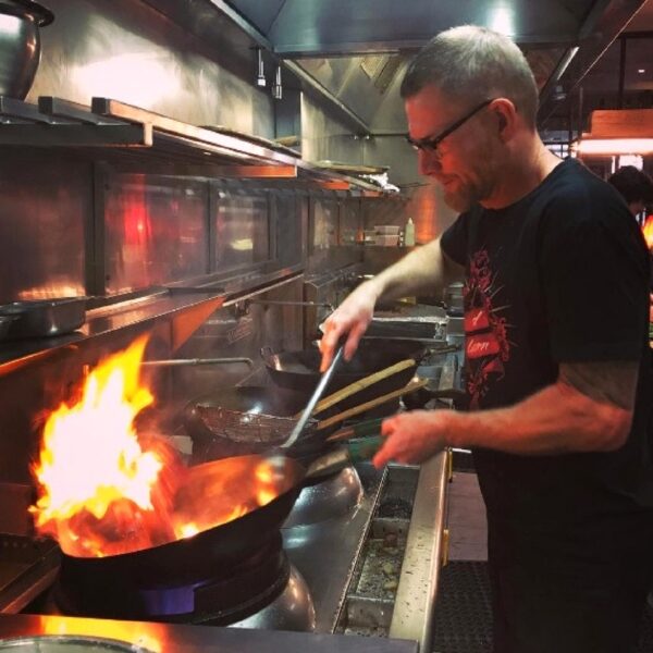 Mark Jensen on the wok at Red Lantern - Vietnamese dinner