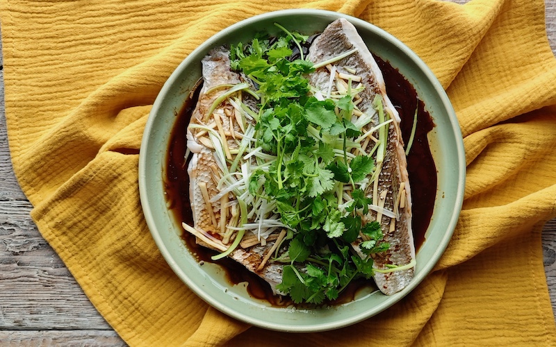 Steamed Fish with Ginger & Green Onion (yellow background)