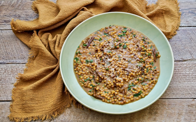 Fregola Risotto with Wild Mushrooms & Smoked Tea Broth
