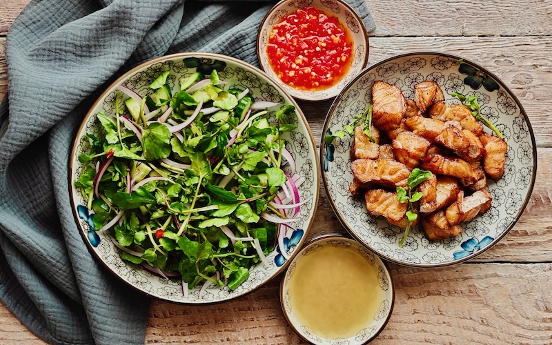 Vietnamese Recipes - Five Spice Fish with Herb Salad, Pickled Chilli and Lemon Dipping Sauce