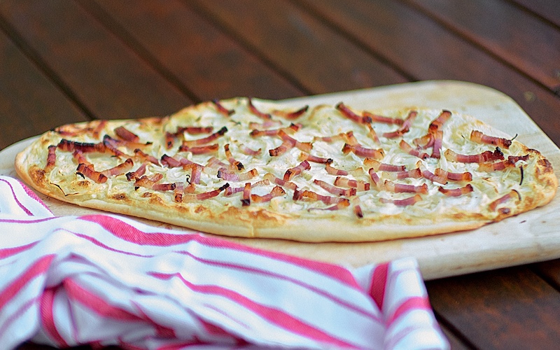 Classic Tarte Flambée (Flammekueche) - Tarte Flambée with speck and Pepe Saya creme fraiche (Alsatian pizza/Alsace flatbread)