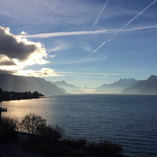 View across Lake Geneva from the Hotel des Trois Couronnes, Vevey (Switzerland)