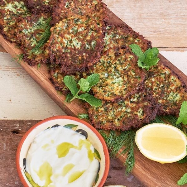 Kolokithokeftedes (Greek Zucchini Fritters) with Windy Hills Farm herbs