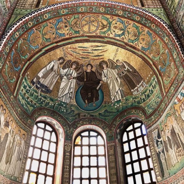 Italian Food & Wine Tour – Ravenna Mosaics, Emilia-Romagna Magnificent Byzantine mosaics in Ravenna featuring God and Angels in the ceiling with light pouring in through 3 large windows. Italian Food & Wine Tour Emilia-Romagna