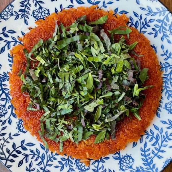 Vietnamese Red Rice Cake with Herbs