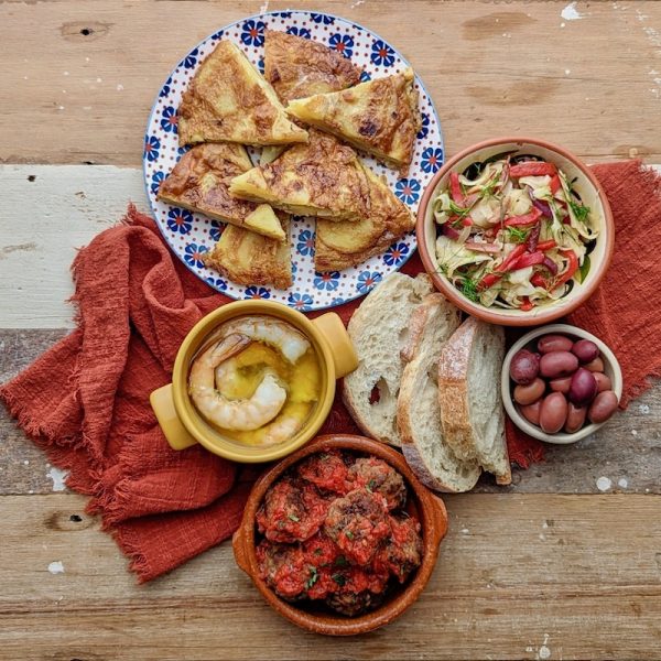 Spanish online cooking class – Tapas: potato frittata, fennel & piquillo salad, garlic prawns, albondigas, olives and bread Spanish online cooking class - Tapas: potato frittata, fennel & piquillo salad, garlic prawns, albondigas, olives and bread
